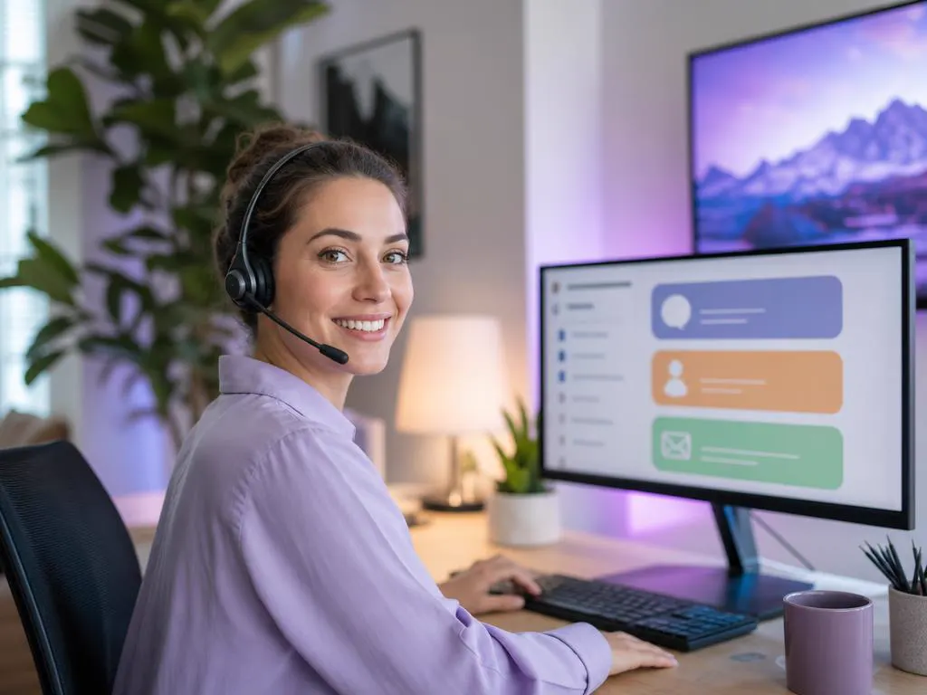 Support specialist with a headset smiling while helping a customer in a bright office