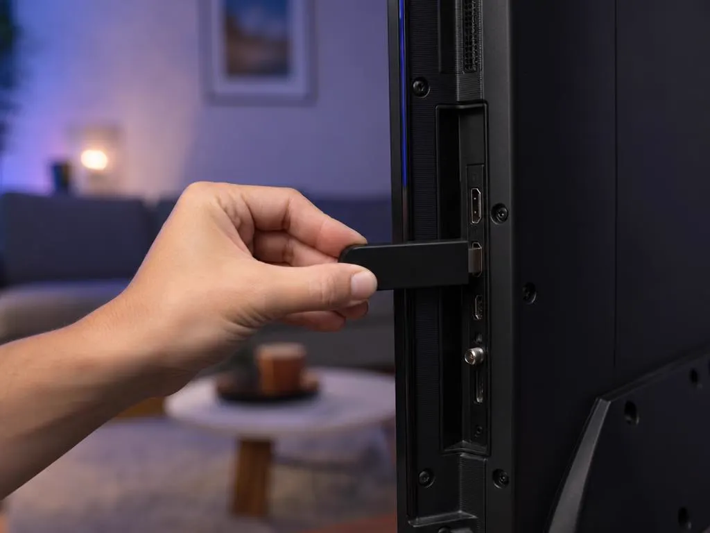 Hand plugging a small streaming stick into the back of a TV