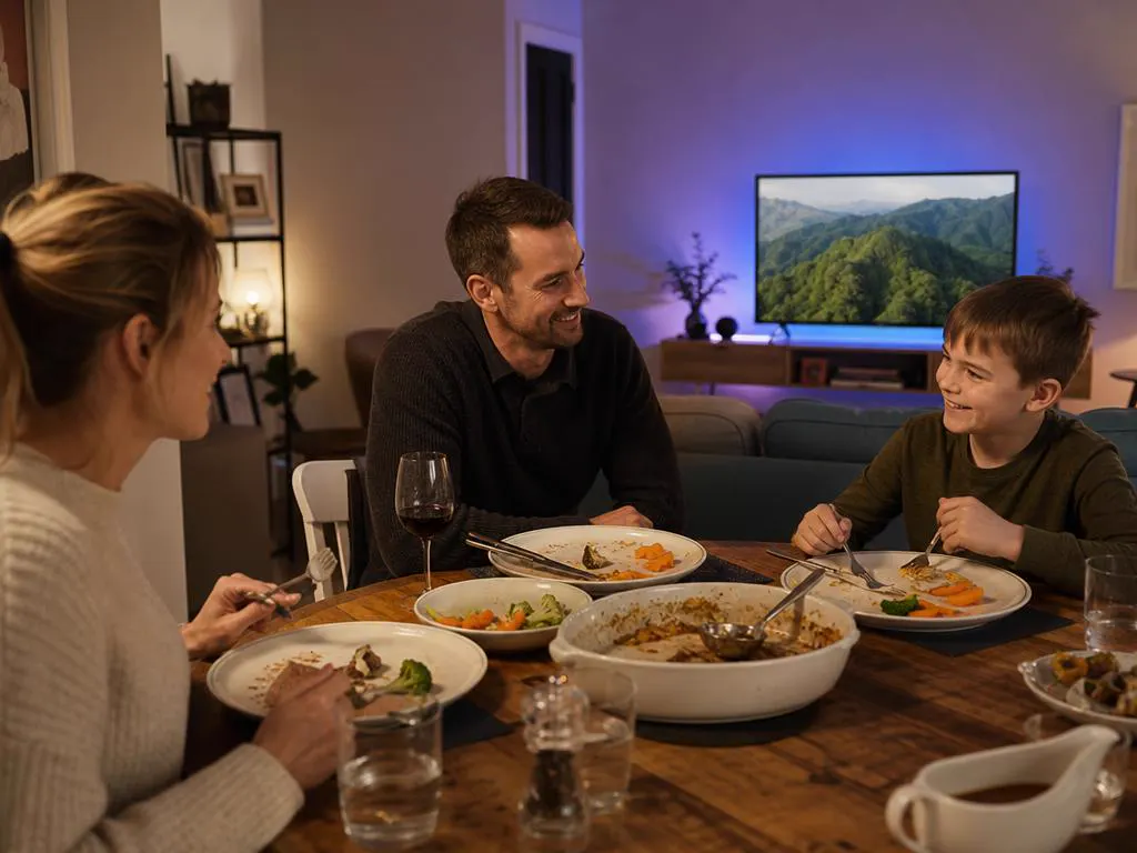 Family finishing Sunday lunch while a TV plays a nature documentary in the living room