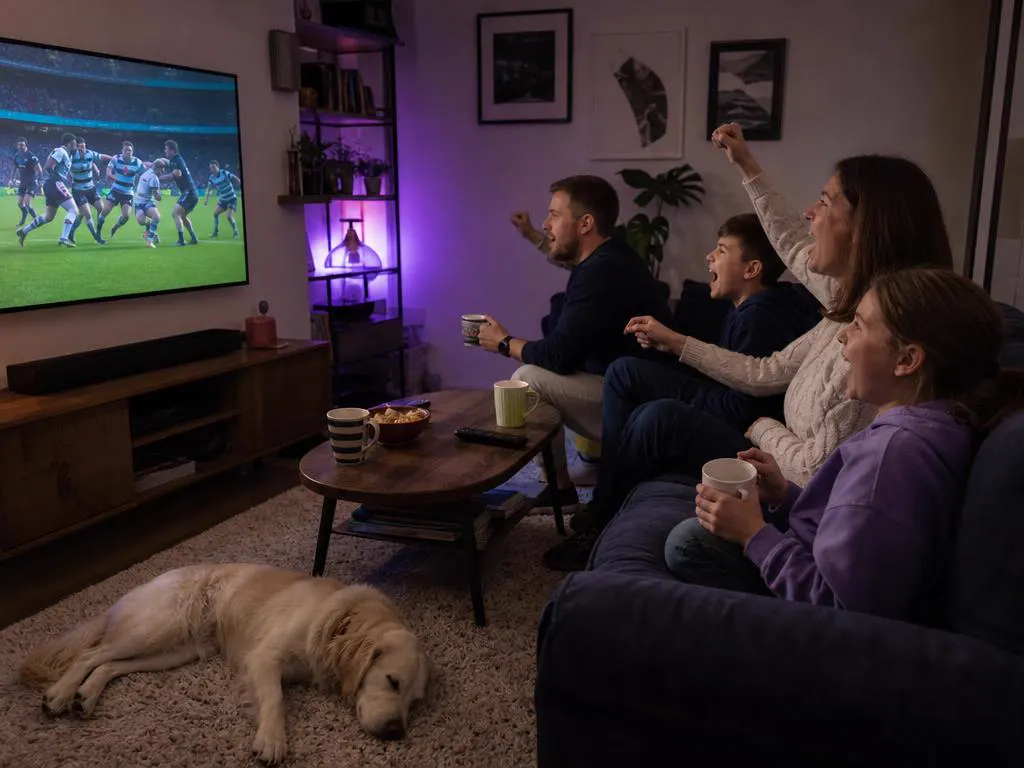 Family on a sofa cheering a live rugby match on a big TV on a Sunday afternoon