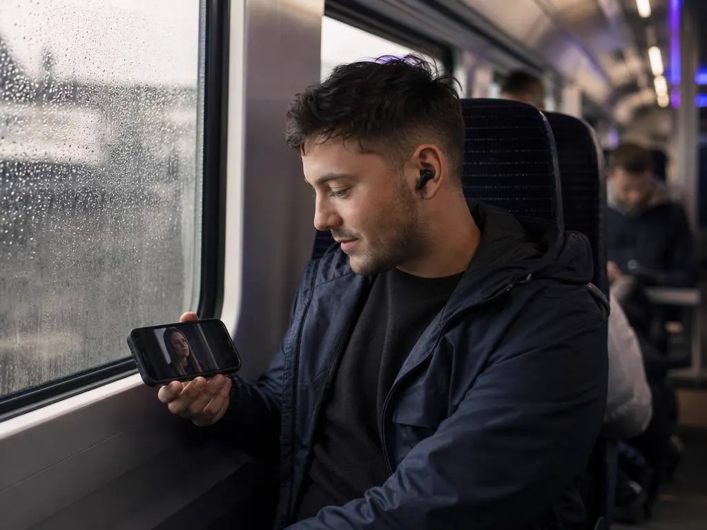 Commuter on a train watching a drama on a phone with earbuds