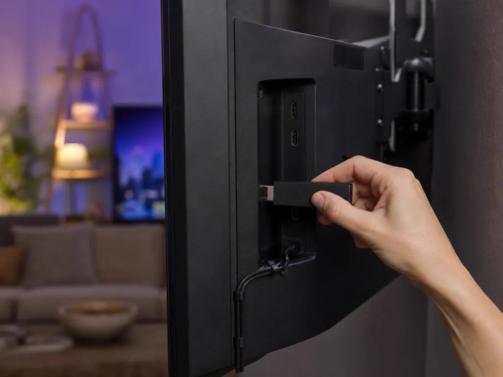 Plugging a streaming stick into the HDMI port of a wall-mounted TV