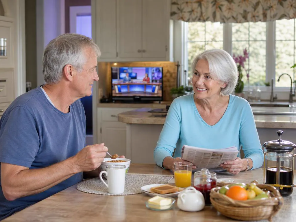Couple watching local morning news at breakfast