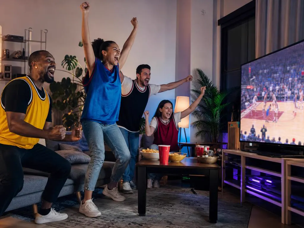 Friends celebrating a live basketball game streamed with American IPTV
