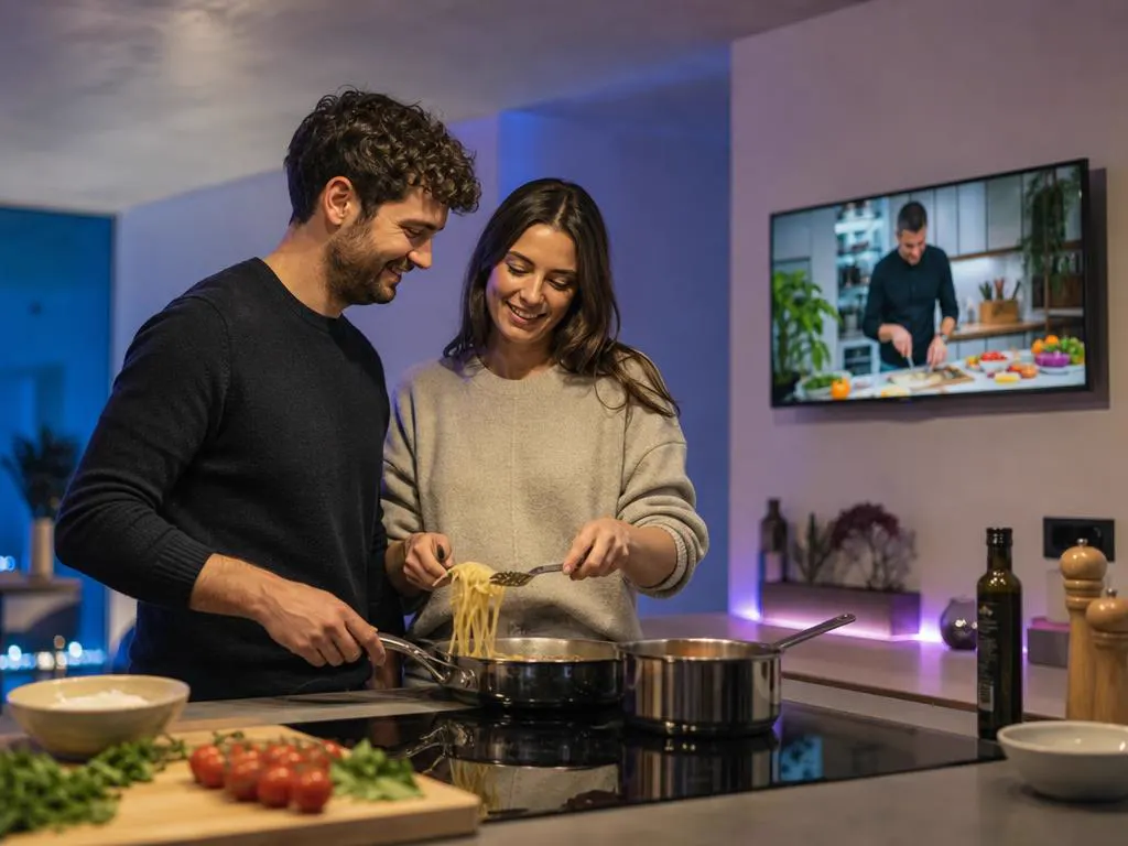 Couple cooking pasta while a cooking show plays on the kitchen TV