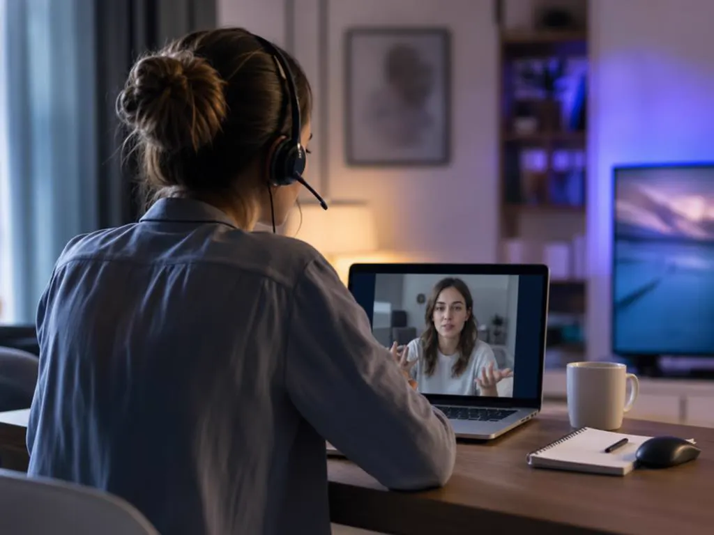 Support specialist with a headset helping a customer on a video call