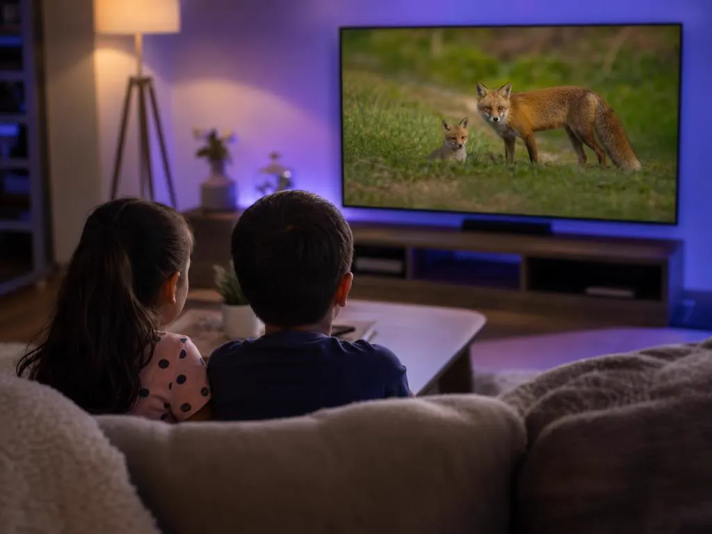 Kids watching a nature show with foxes on TV