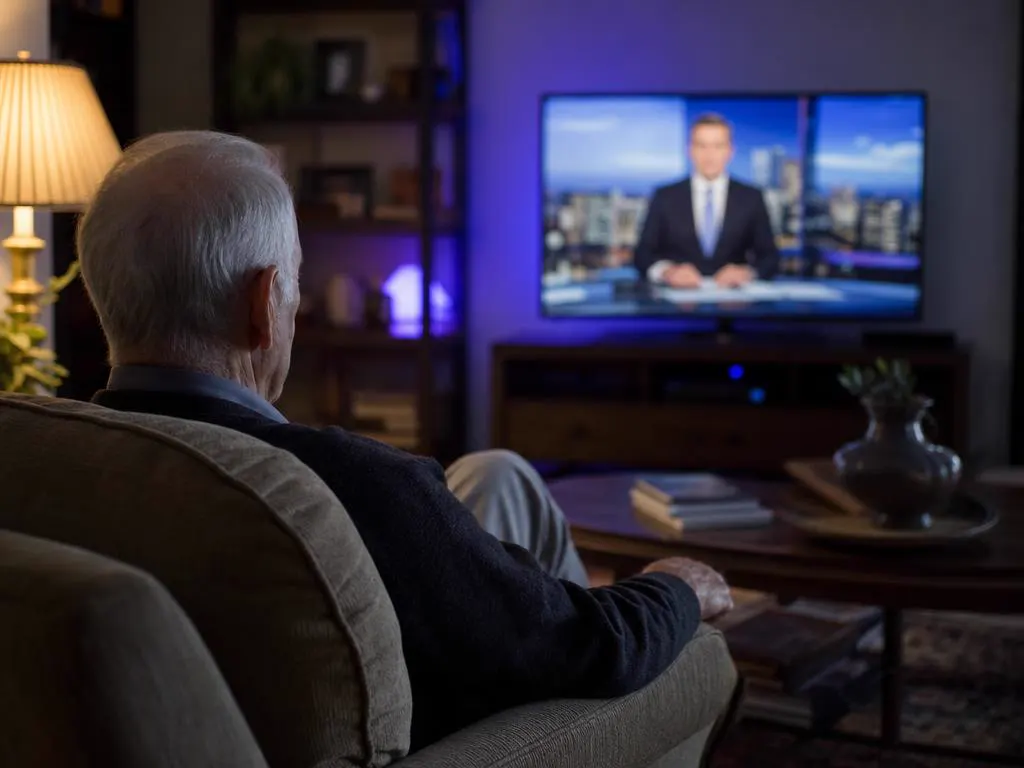 Grandfather in an armchair watching the evening news on TV