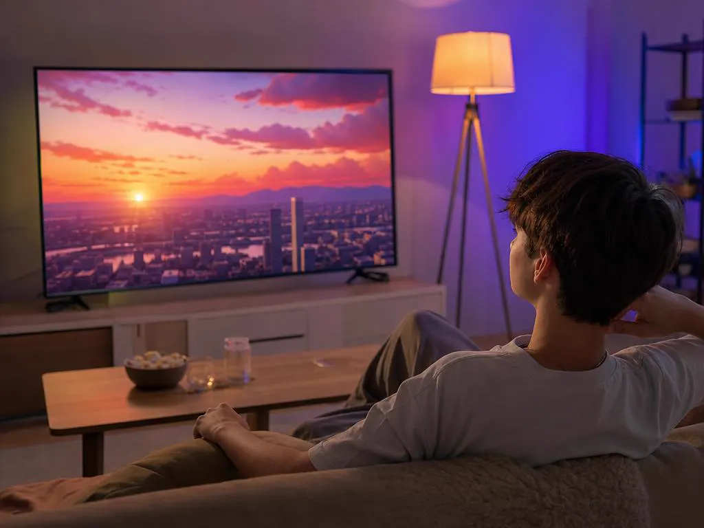 Teenager watching a colorful anime-style landscape scene on TV