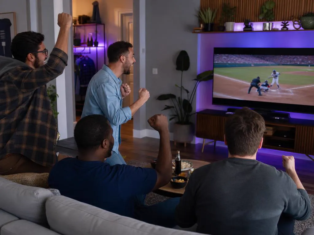 Friends cheering a baseball game on TV in a modern apartment