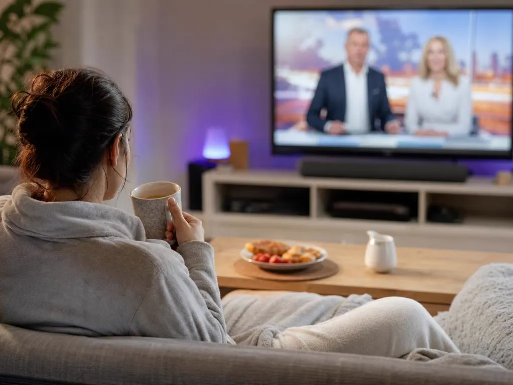 Woman watching a Japanese morning show with breakfast