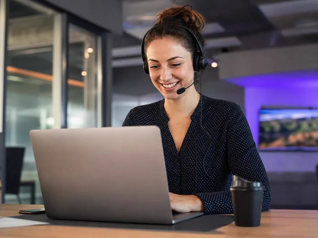 Support specialist with a headset smiling at a laptop in a bright office