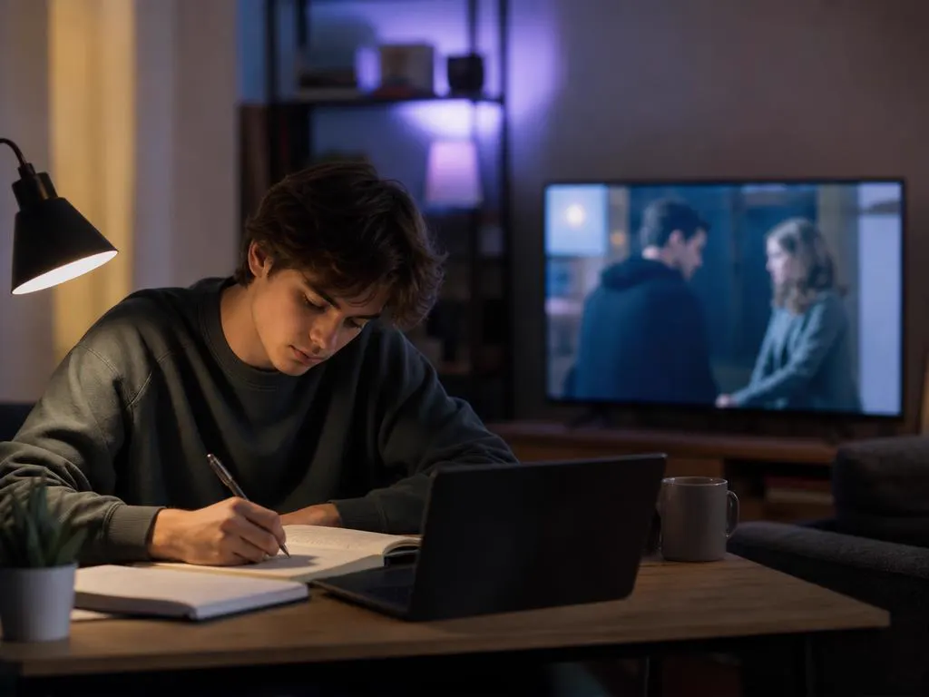 Young man studying Japanese with a notebook while a Japanese drama plays on TV
