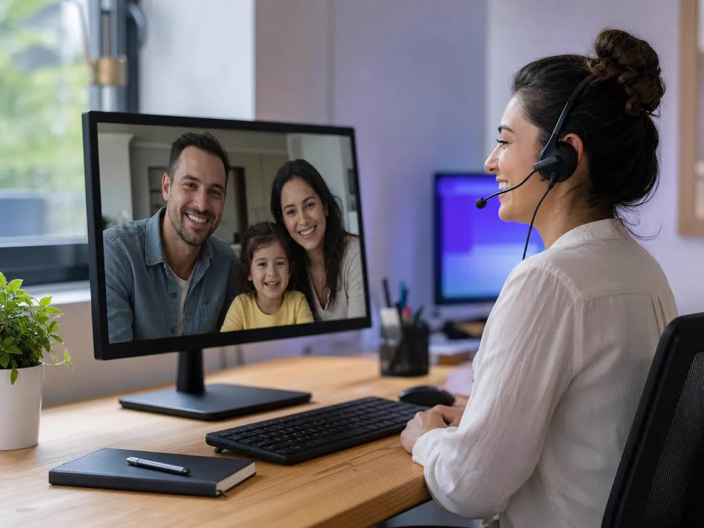 Support agent with a headset smiling while helping a family on a video call