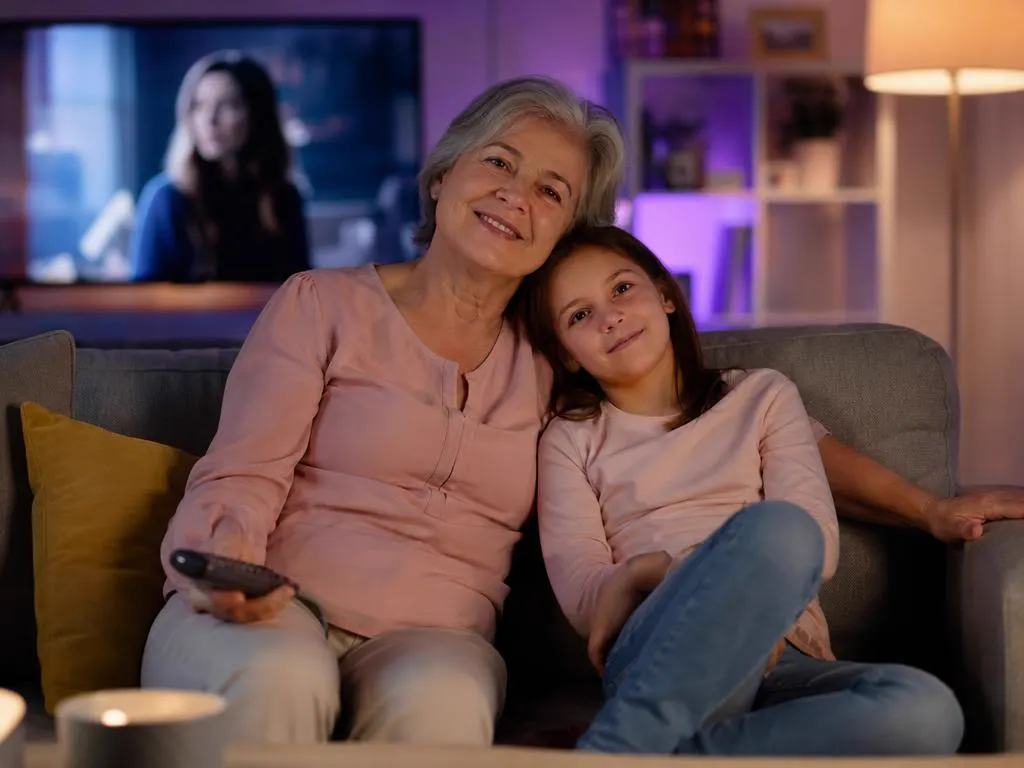 Grandmother on a sofa happily watching a novela on TV with her granddaughter