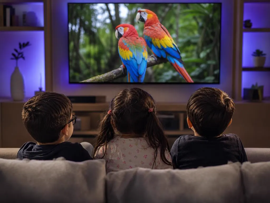 Kids watching a colorful Spanish-language nature show for children