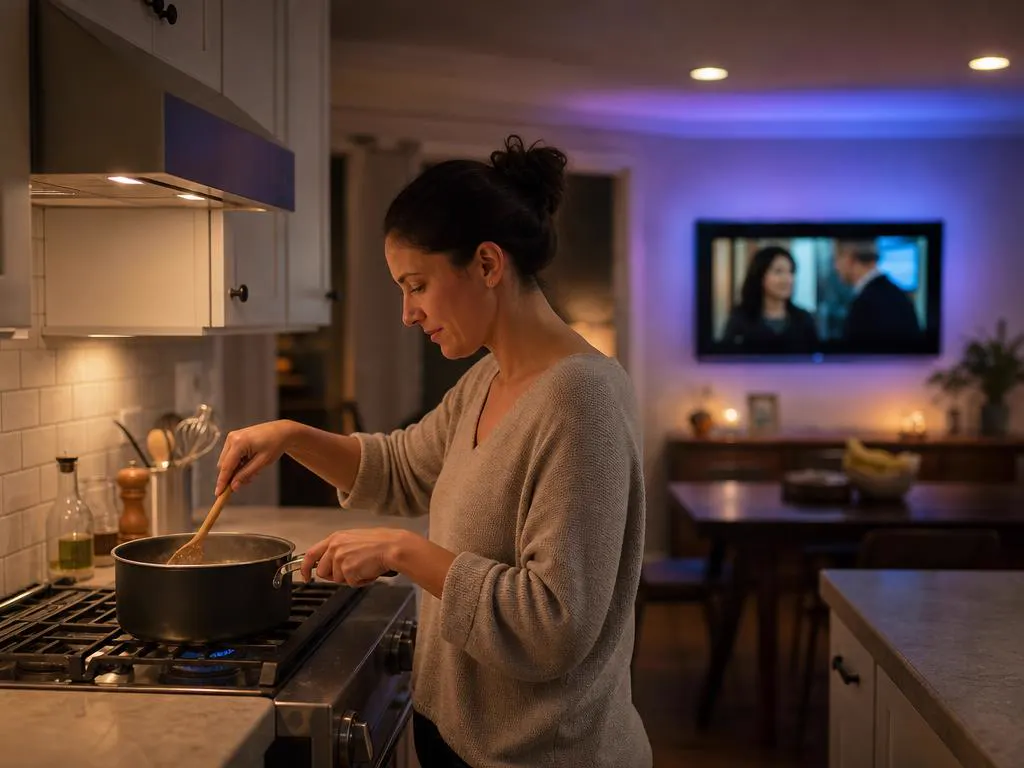 Mother cooking dinner while a novela plays on the kitchen TV