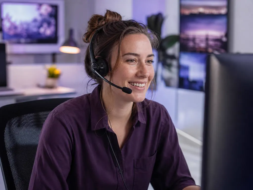 Support specialist with a headset smiling while helping a customer in a bright office