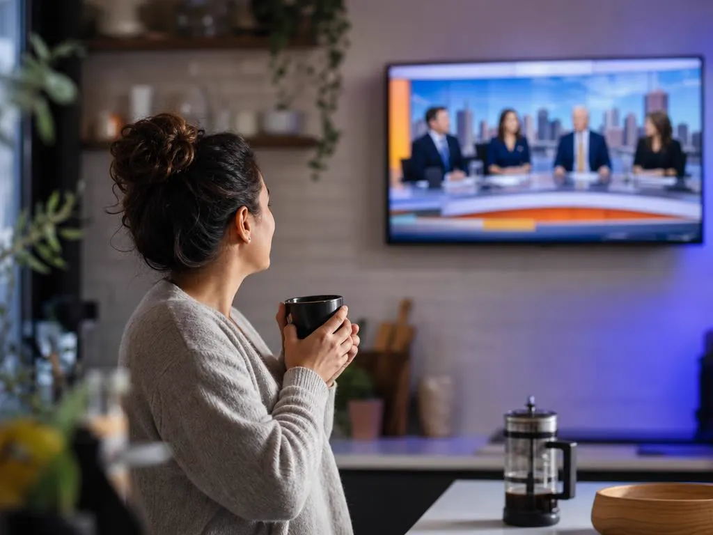 Woman watching live morning news on a kitchen TV