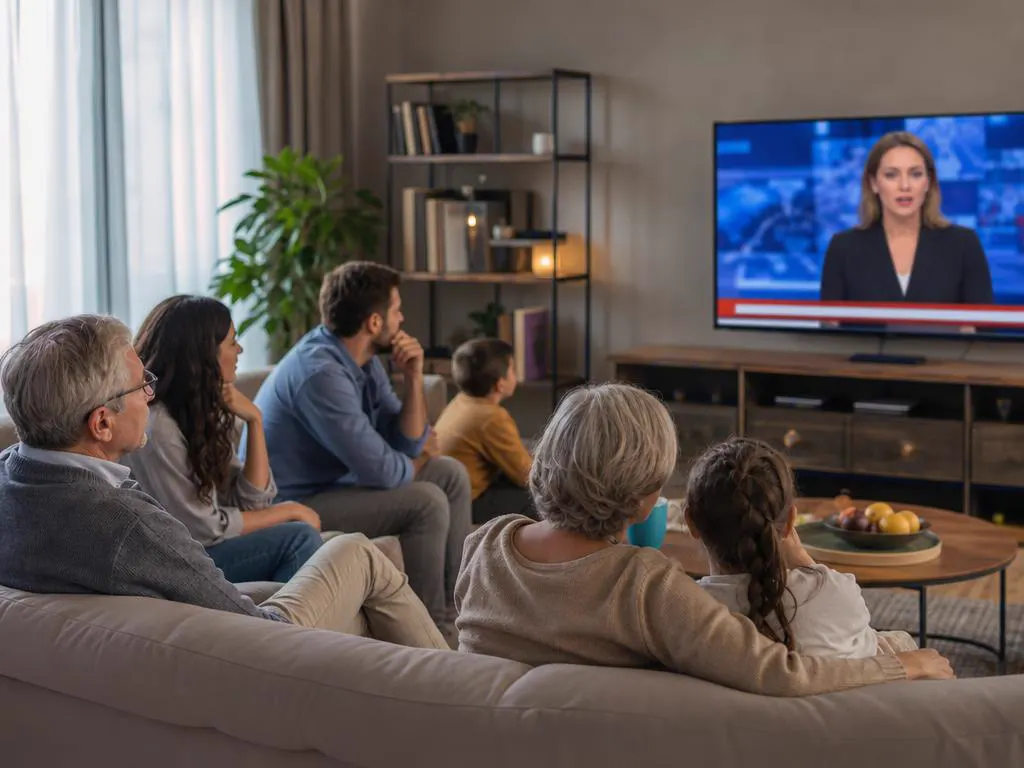 Multi-generation family watching an international news channel together in a bright living room
