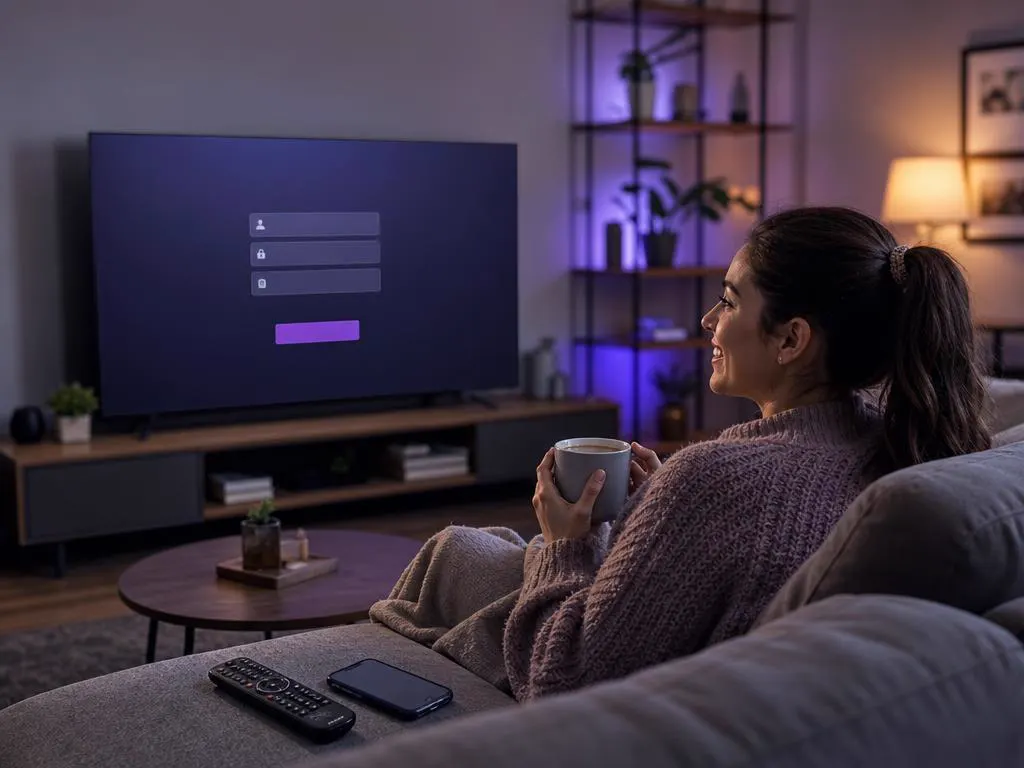 TV showing an app login screen with a remote on the couch