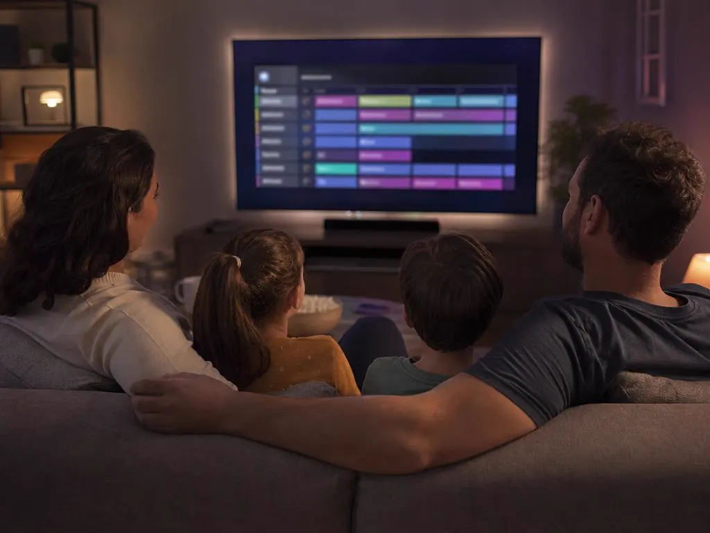 Family watching TV with the TV guide open