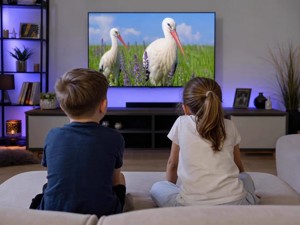 Kids watching a colorful children's nature show on TV