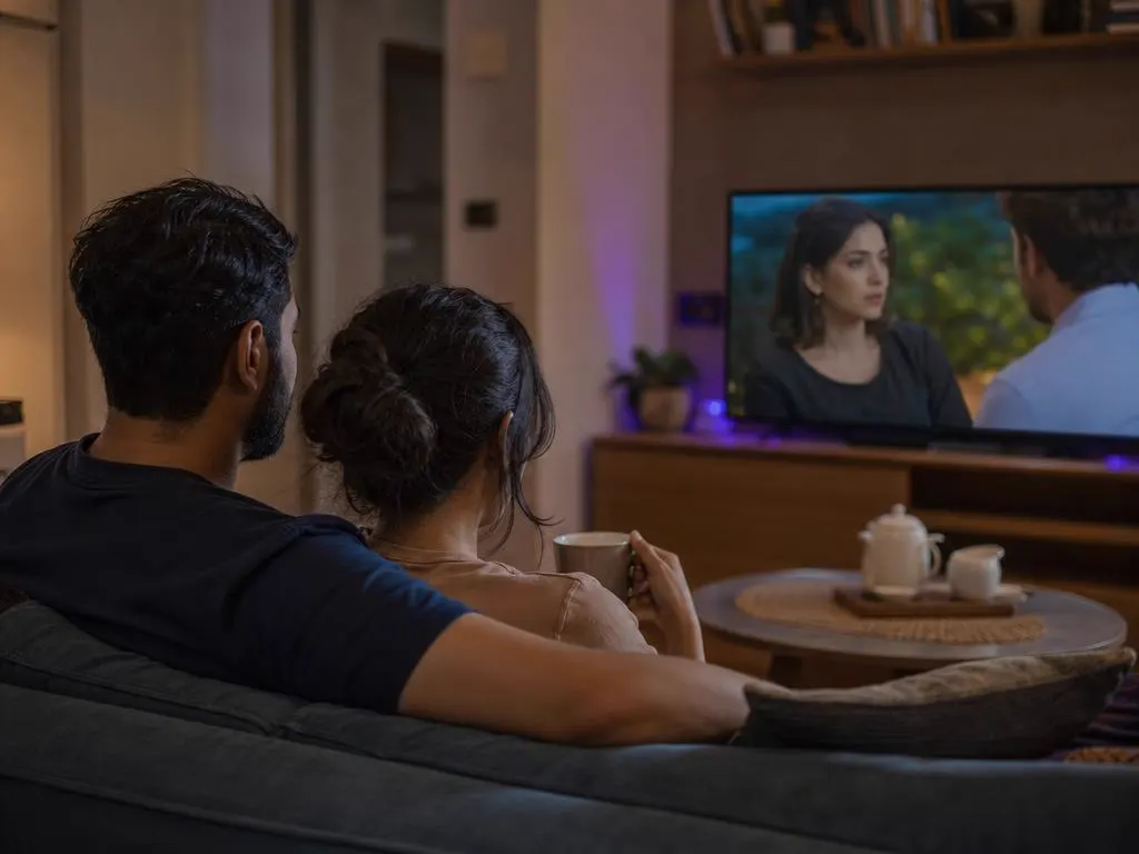 Couple watching a Polish drama series on TV with tea in the evening