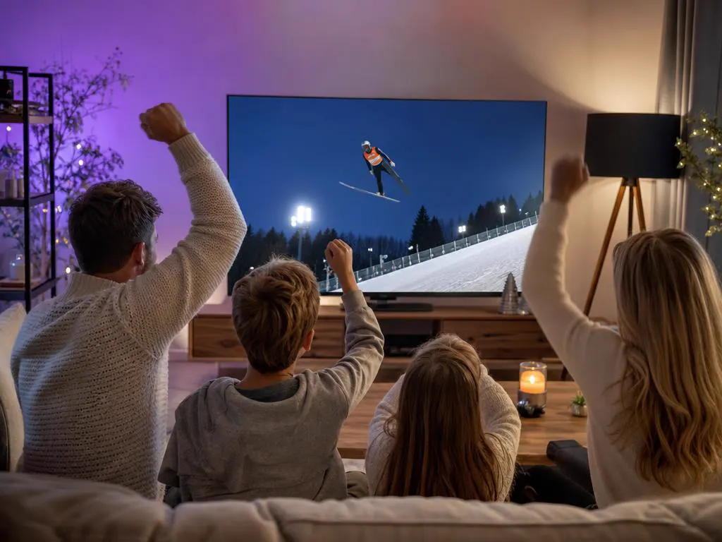 Family cheering a ski jumping competition on TV in a cozy winter living room