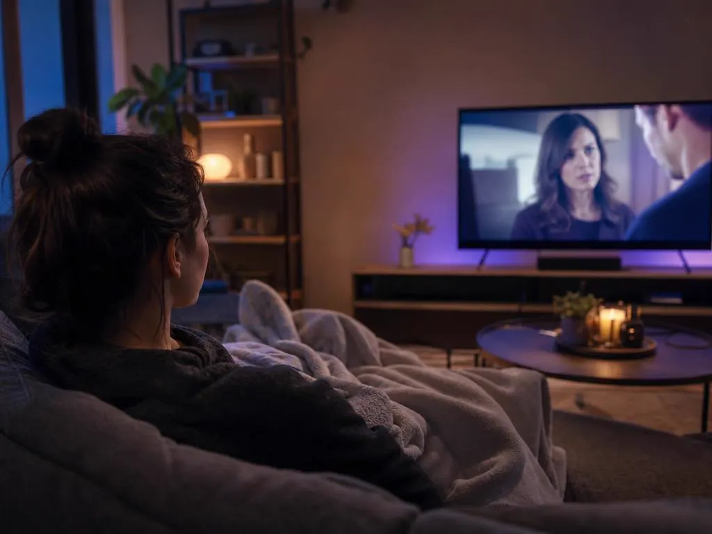 Woman on a sofa with a blanket watching an evening novela