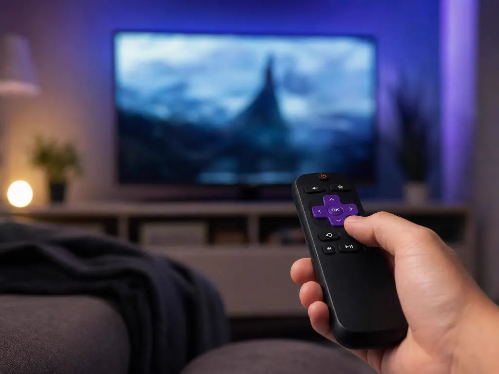 Hand holding a streaming remote pointed at a TV