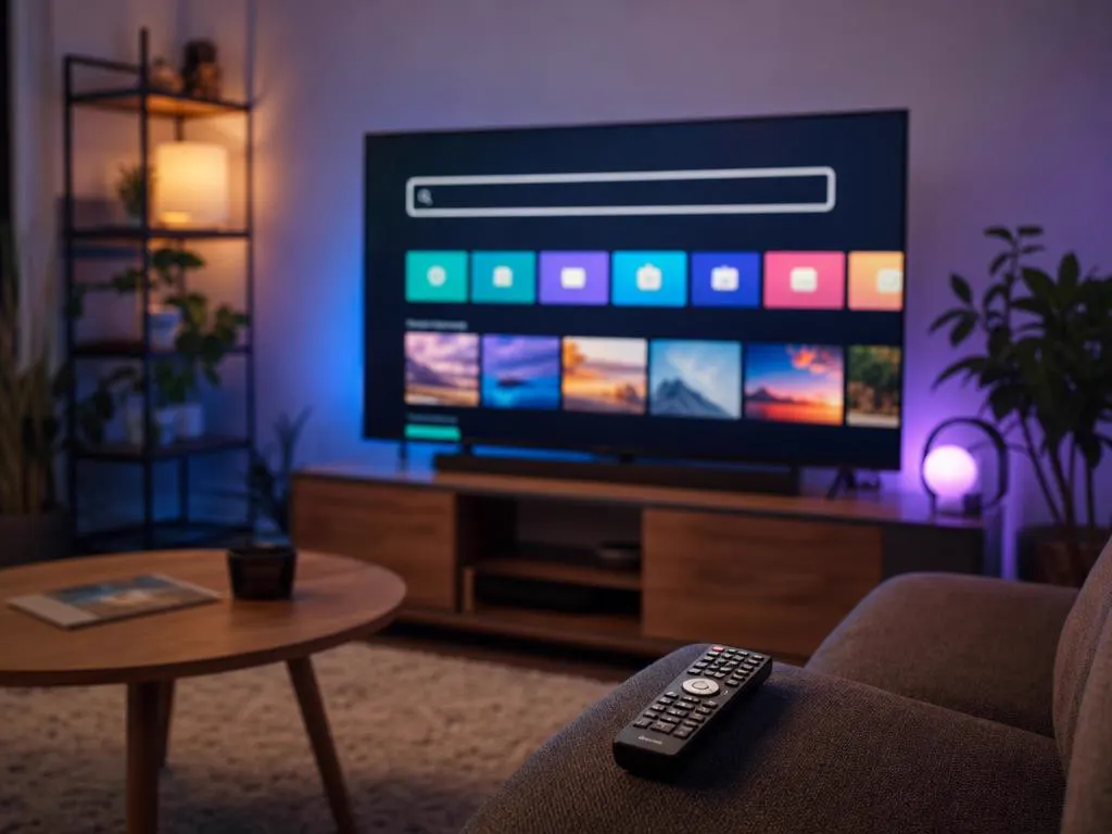 TV showing an app store grid with colorful tiles