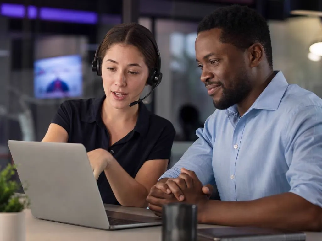 Conseillère support avec un casque qui aide un client sur un portable dans un bureau lumineux