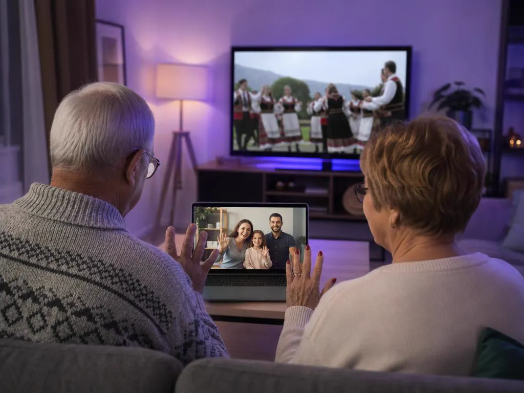 Grands-parents roumains en visio pendant qu’une TV en arrière-plan diffuse une émission de musique folklorique