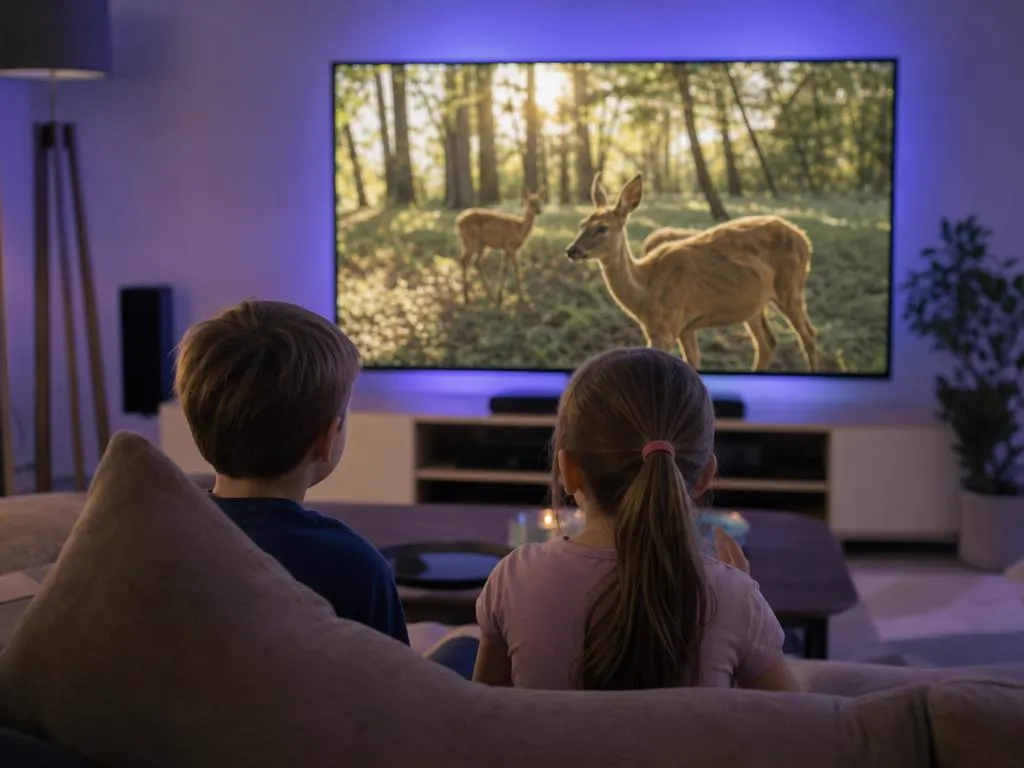 Deux enfants devant une émission nature colorée pour enfants à la TV