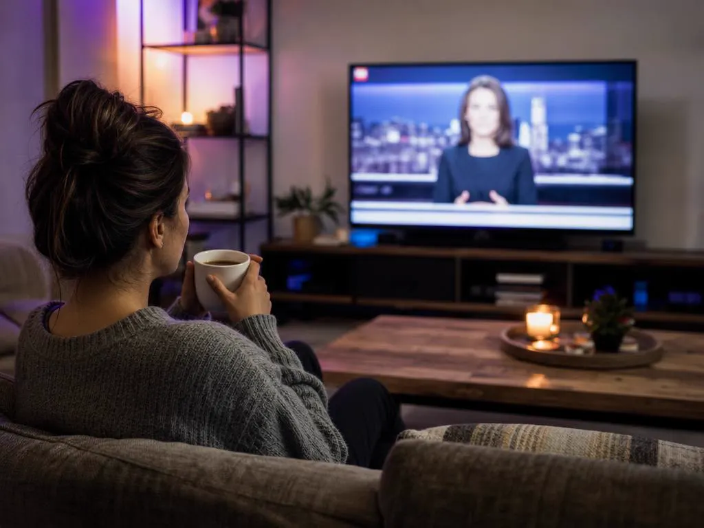 Femme avec un café devant un journal télévisé du soir
