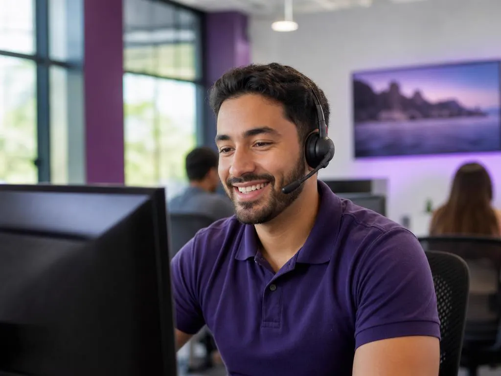 Support agent with a headset helping a customer set up a TV