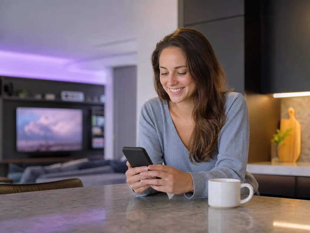 Woman reading her IPTV activation email on a phone at the kitchen counter