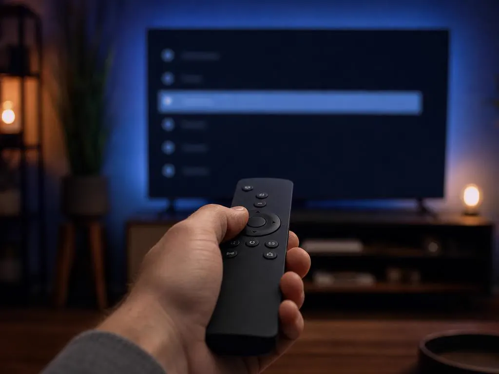 Remote pointed at a TV settings menu with a highlighted row