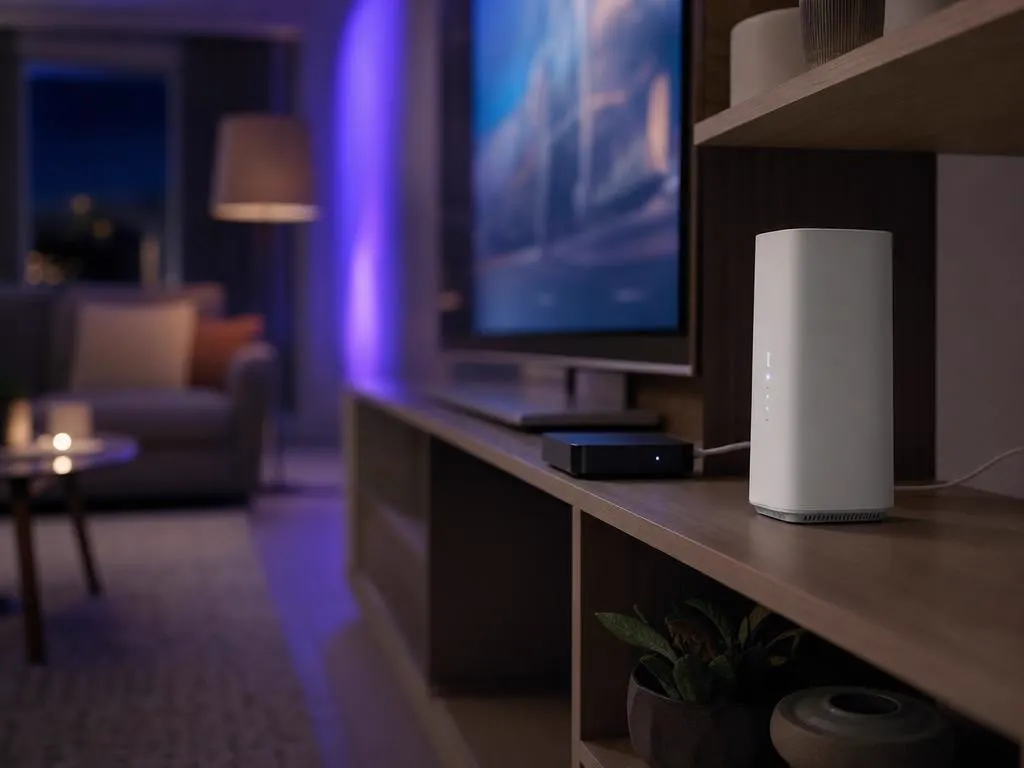 Wi-Fi router on a shelf beside a TV console with an Ethernet cable to a streaming box
