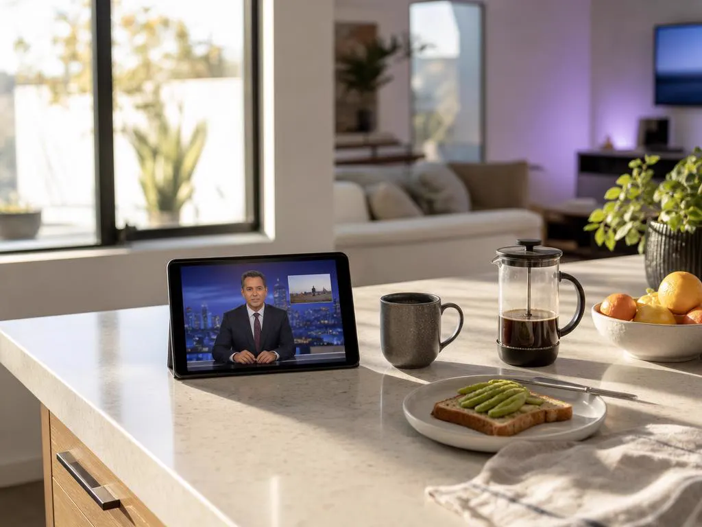 Watching morning news on a tablet in the kitchen