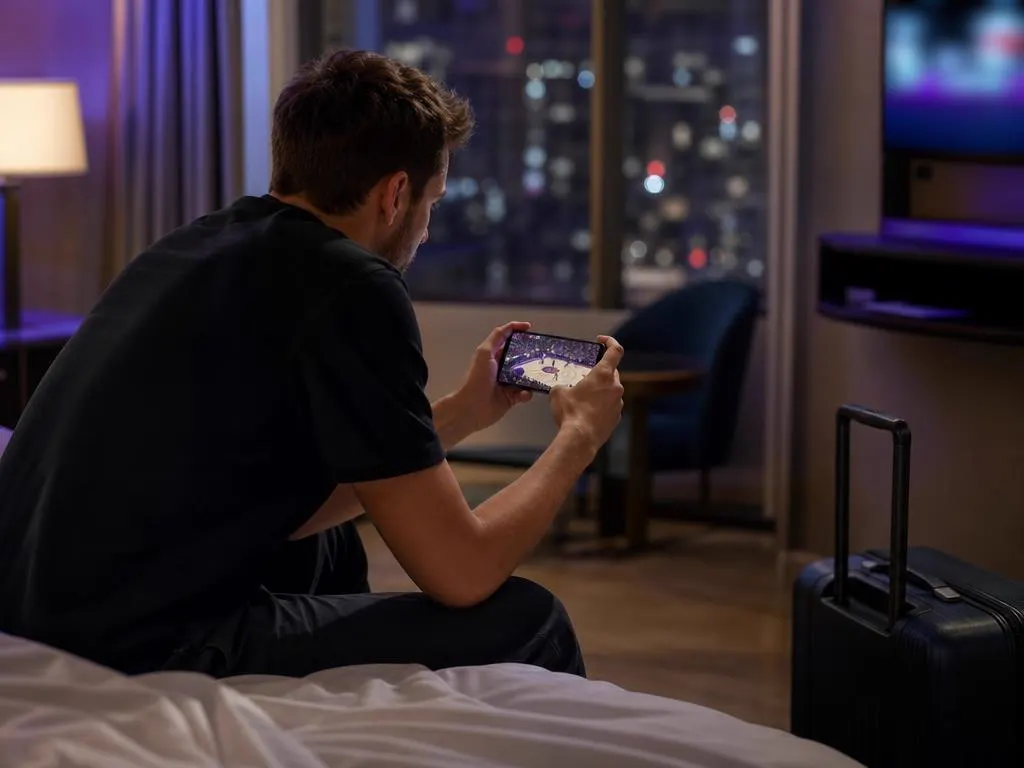 Watching a live game on a phone in a hotel room