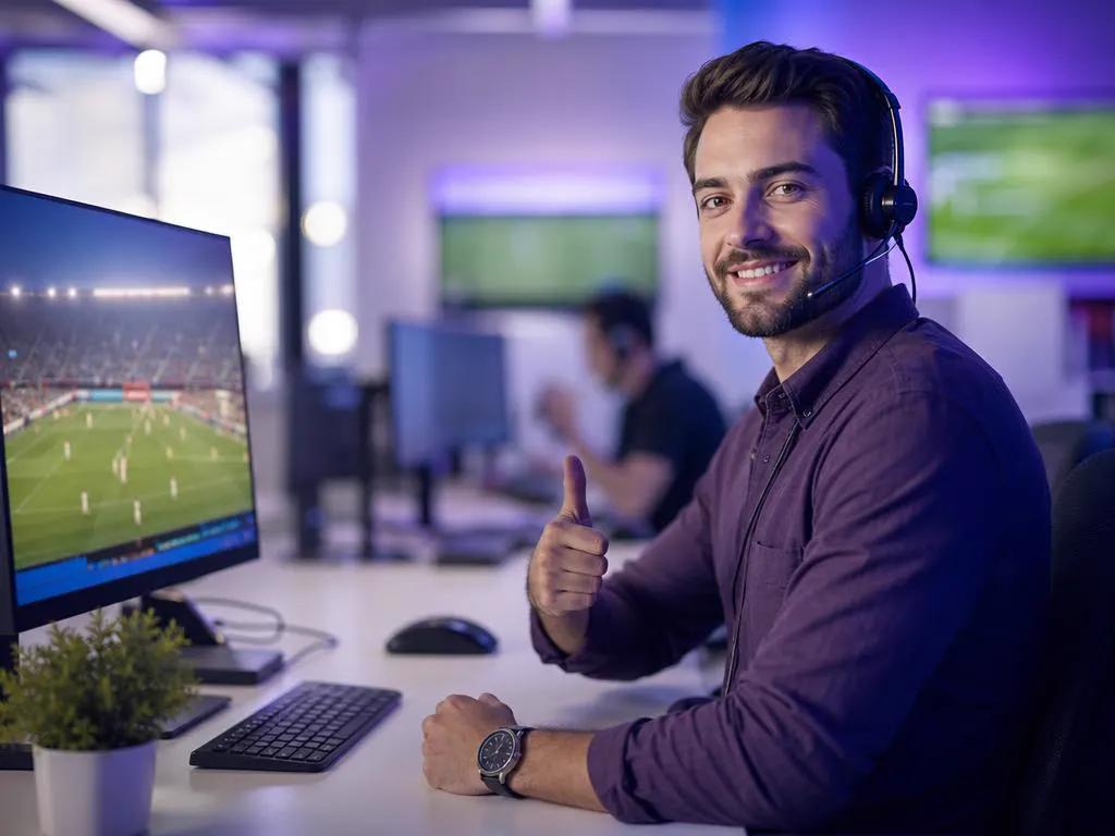 Conseiller support avec un casque qui lève le pouce à son bureau, du sport sur l’écran
