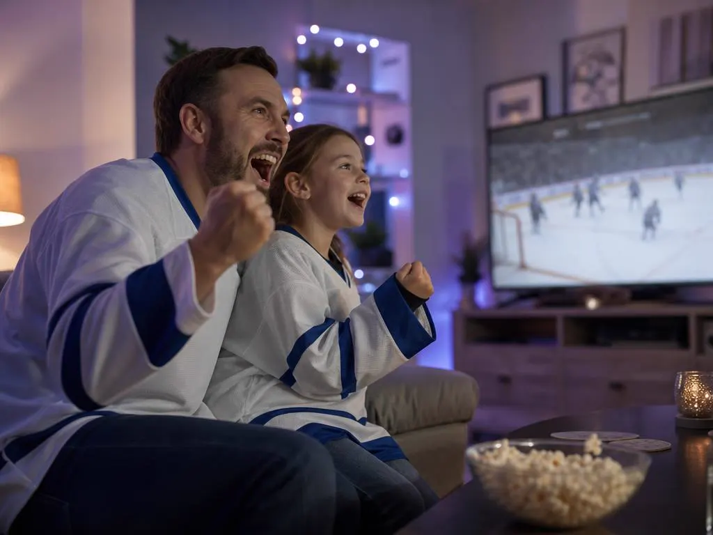 Père et fille en maillot devant un match de hockey via un IPTV sport