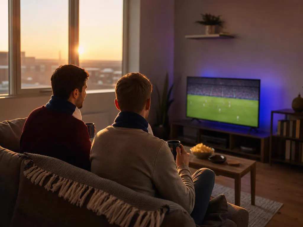 Supporters en écharpe devant un match de football matinal, café à la main