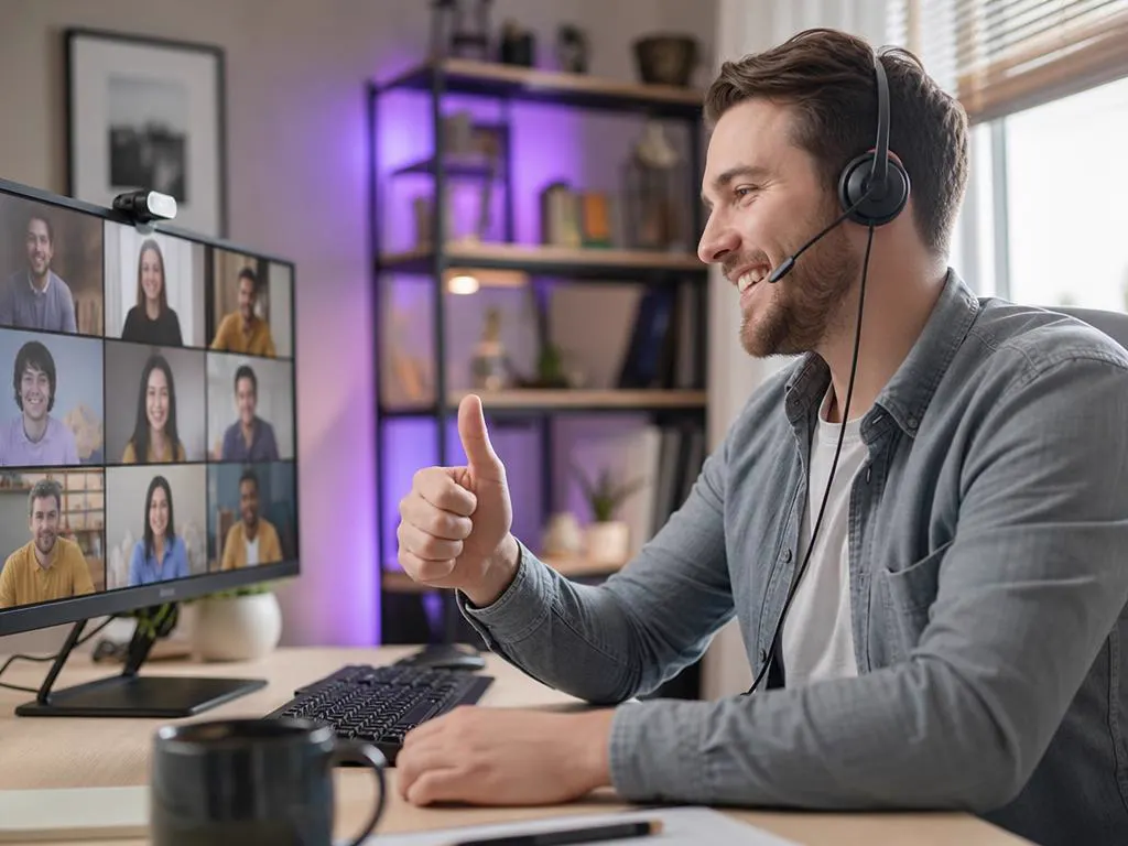 Conseiller support avec un casque qui lève le pouce en visio