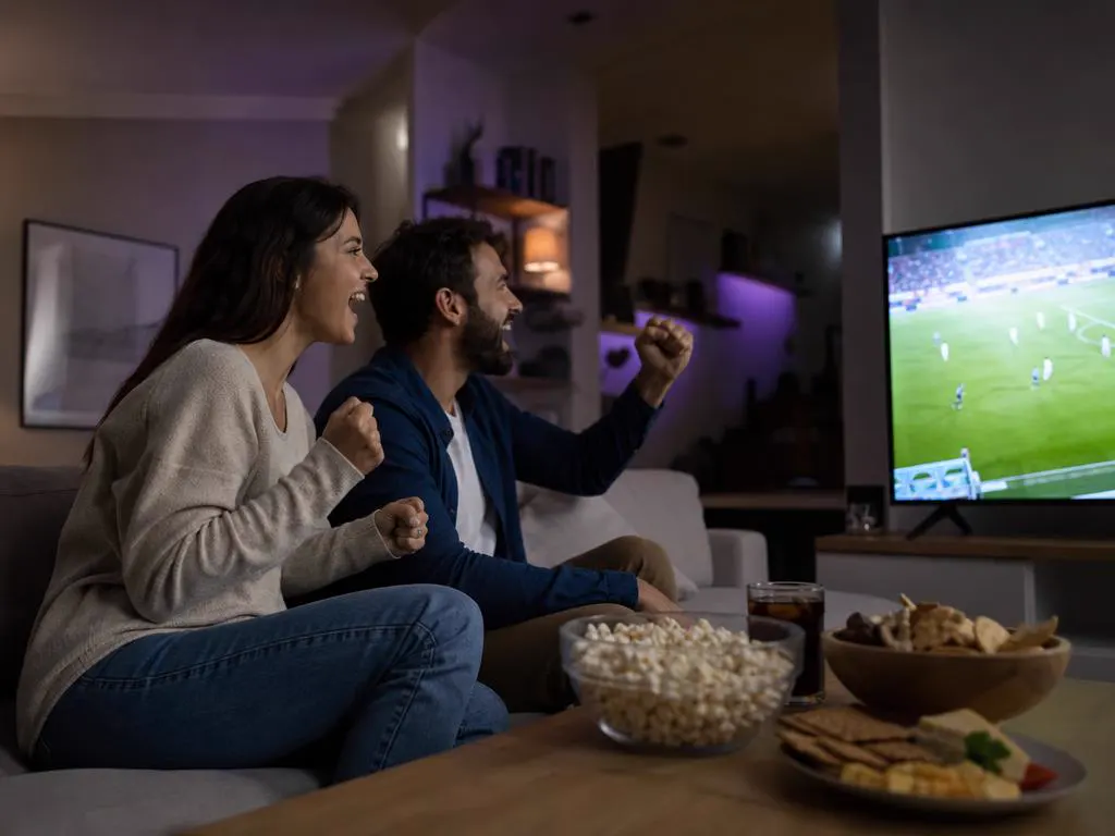 Couple devant un match en direct sur une grande TV après une solution rapide