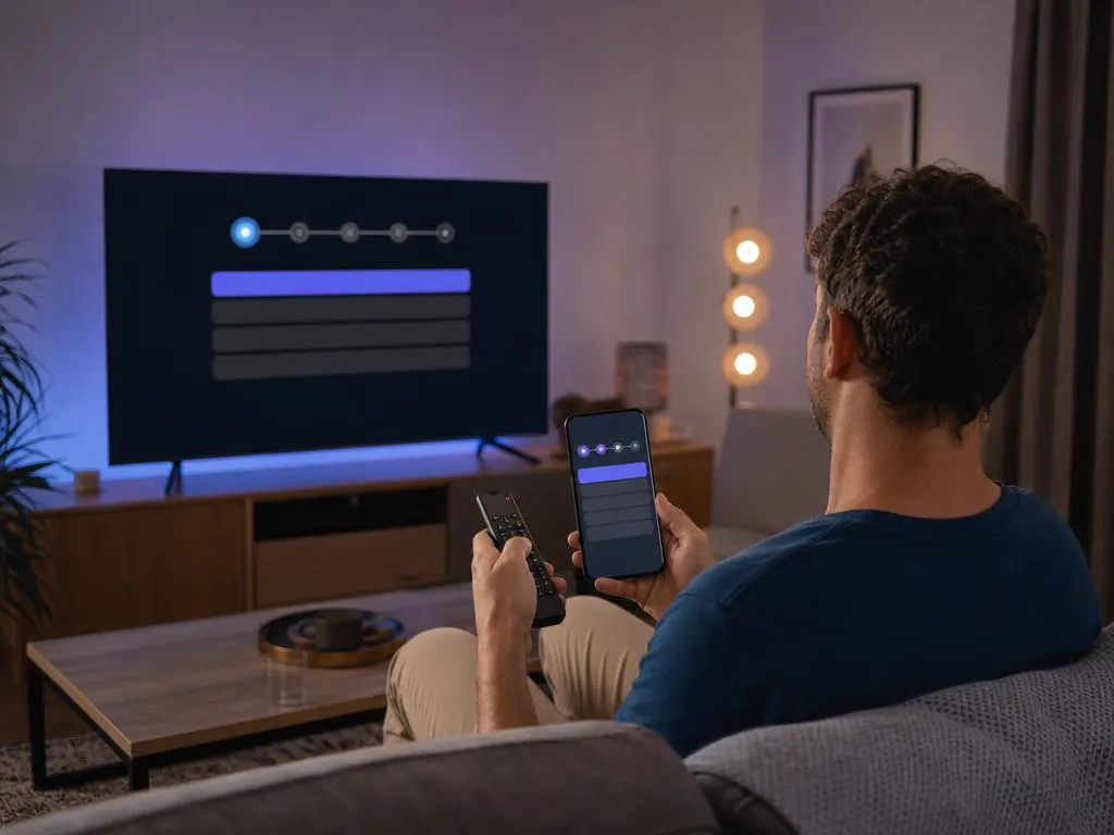 Homme qui suit des étapes d’installation sur son téléphone pendant que la TV affiche un menu de réglages