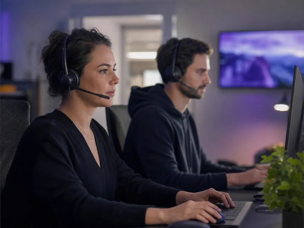 Deux conseillers support avec des casques qui travaillent sur des écrans dans un bureau moderne