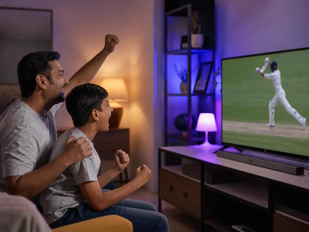 Père et fils qui encouragent leur équipe pendant un match de cricket à la TV